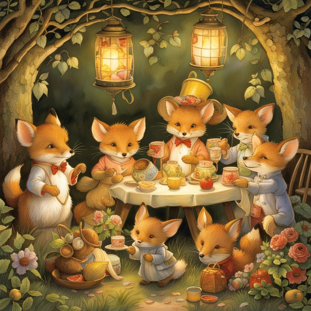 Fox Garden Party with Glowing Lanterns, Illustrative Style