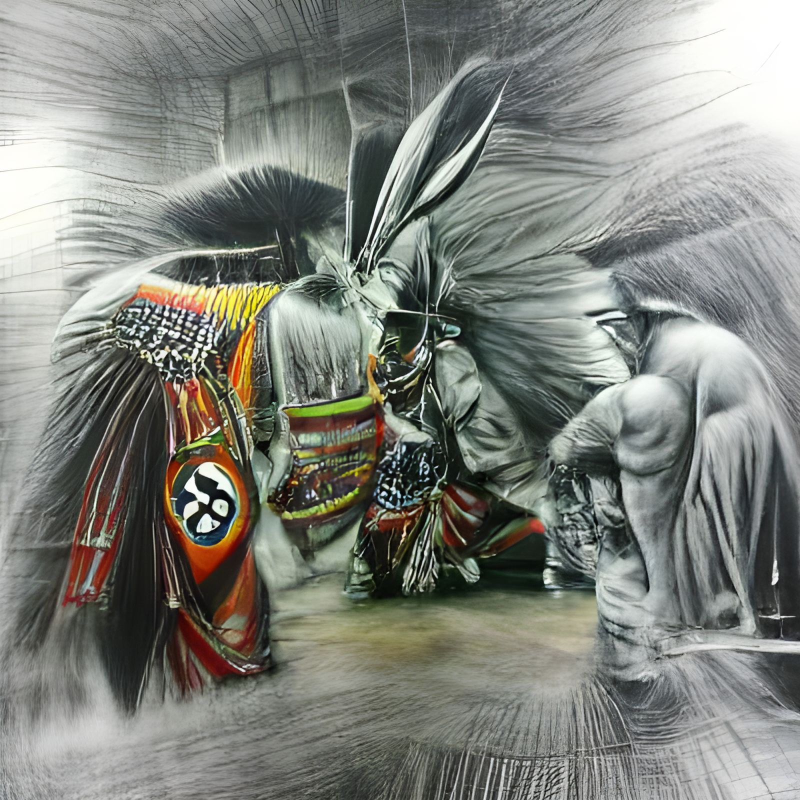 Detailed Charcoal Drawing of a Native American Pow Wow