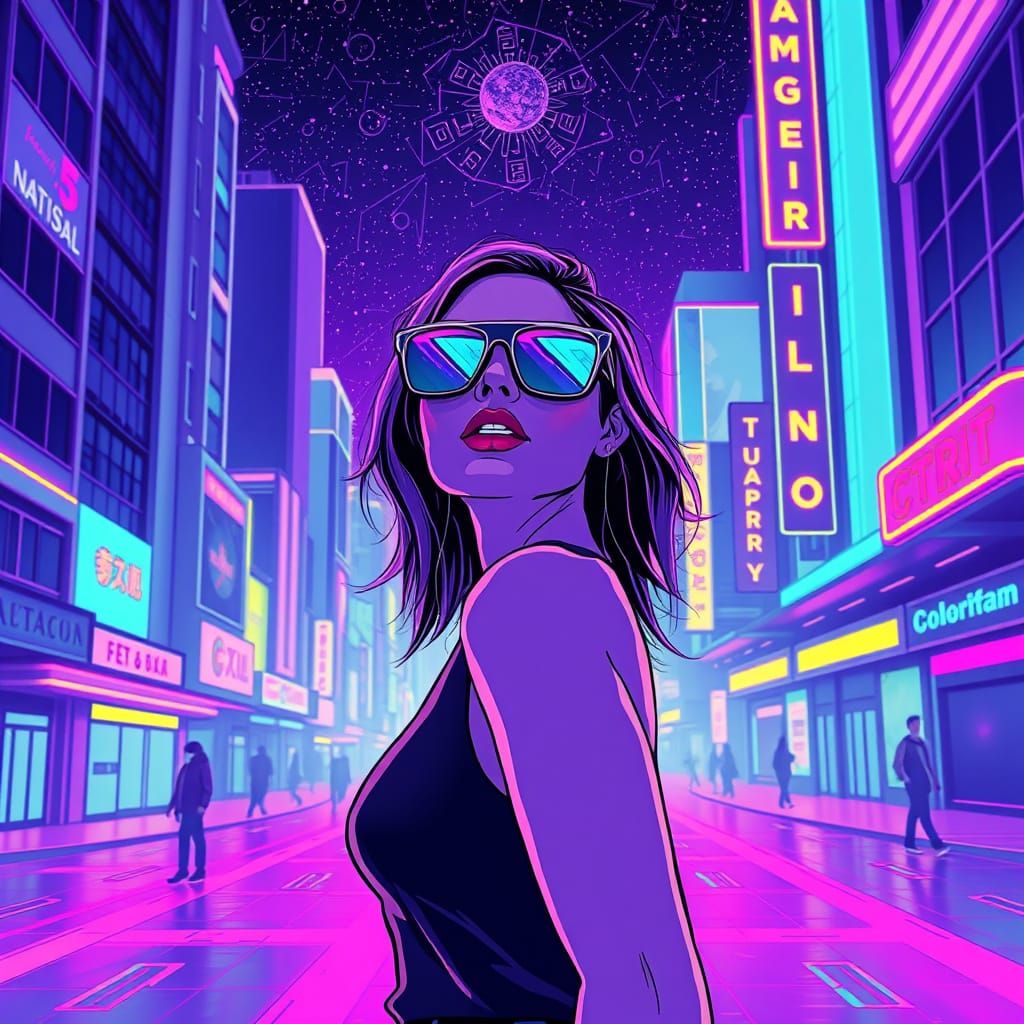 Neon Cityscape Portrait in Vaporwave Style