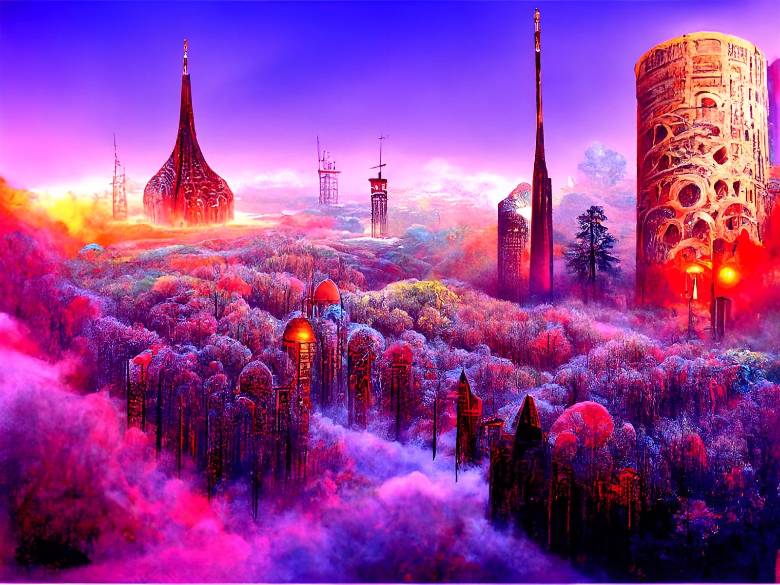 Sci-Fi City in Mystical Woods: Digital Illustration