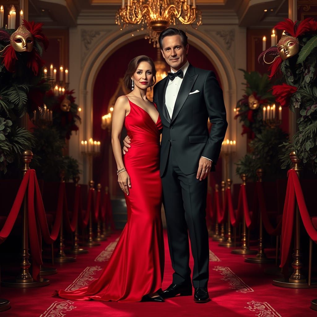 Elegant Couple at a Masquerade Ball, Photorealistic Style