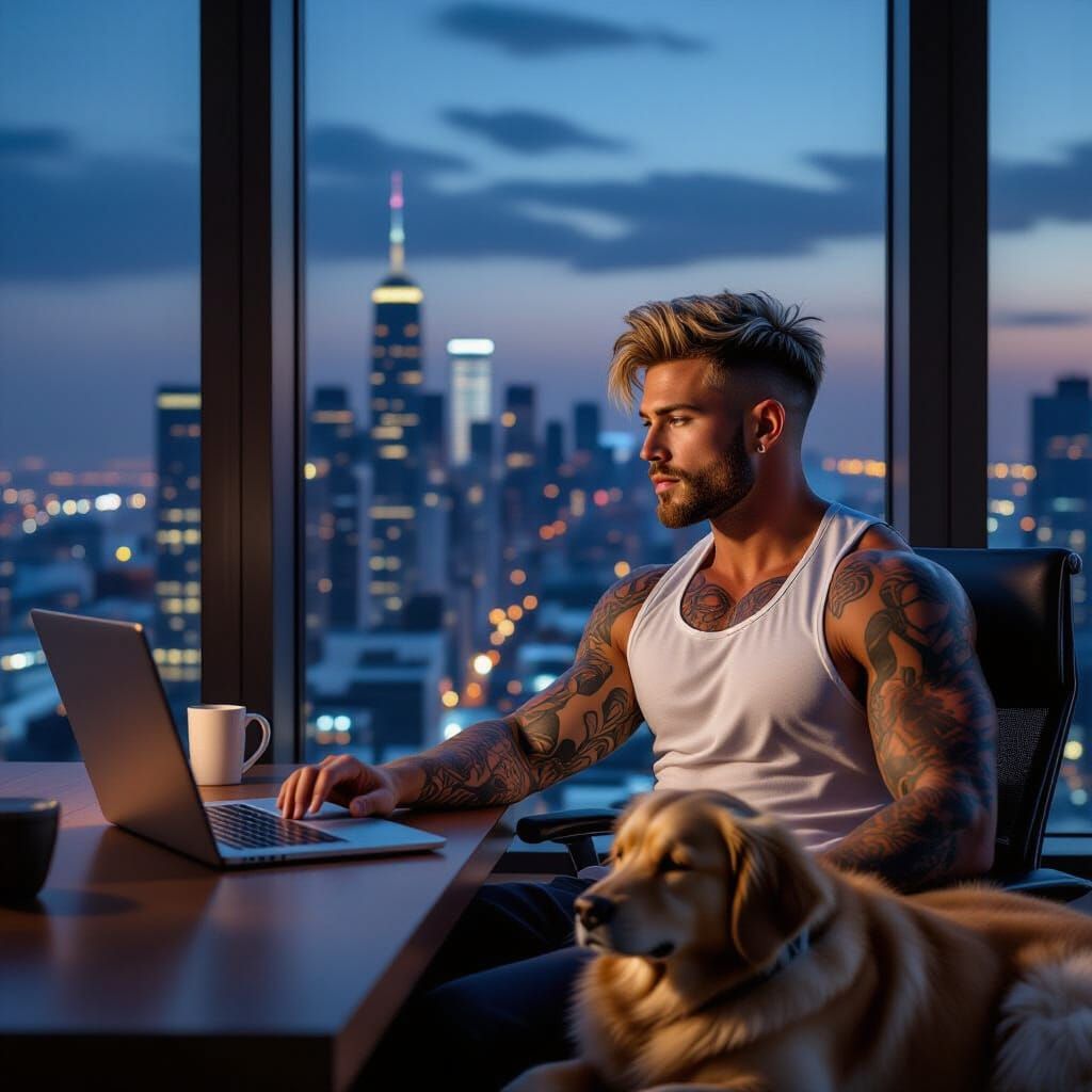 Athletic Man Overlooks Cityscape from Office