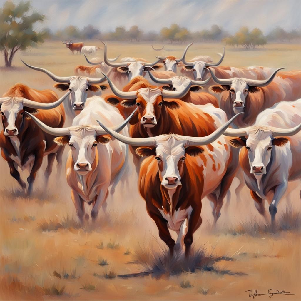Texas Longhorn Stampede: An Impressionist Vision