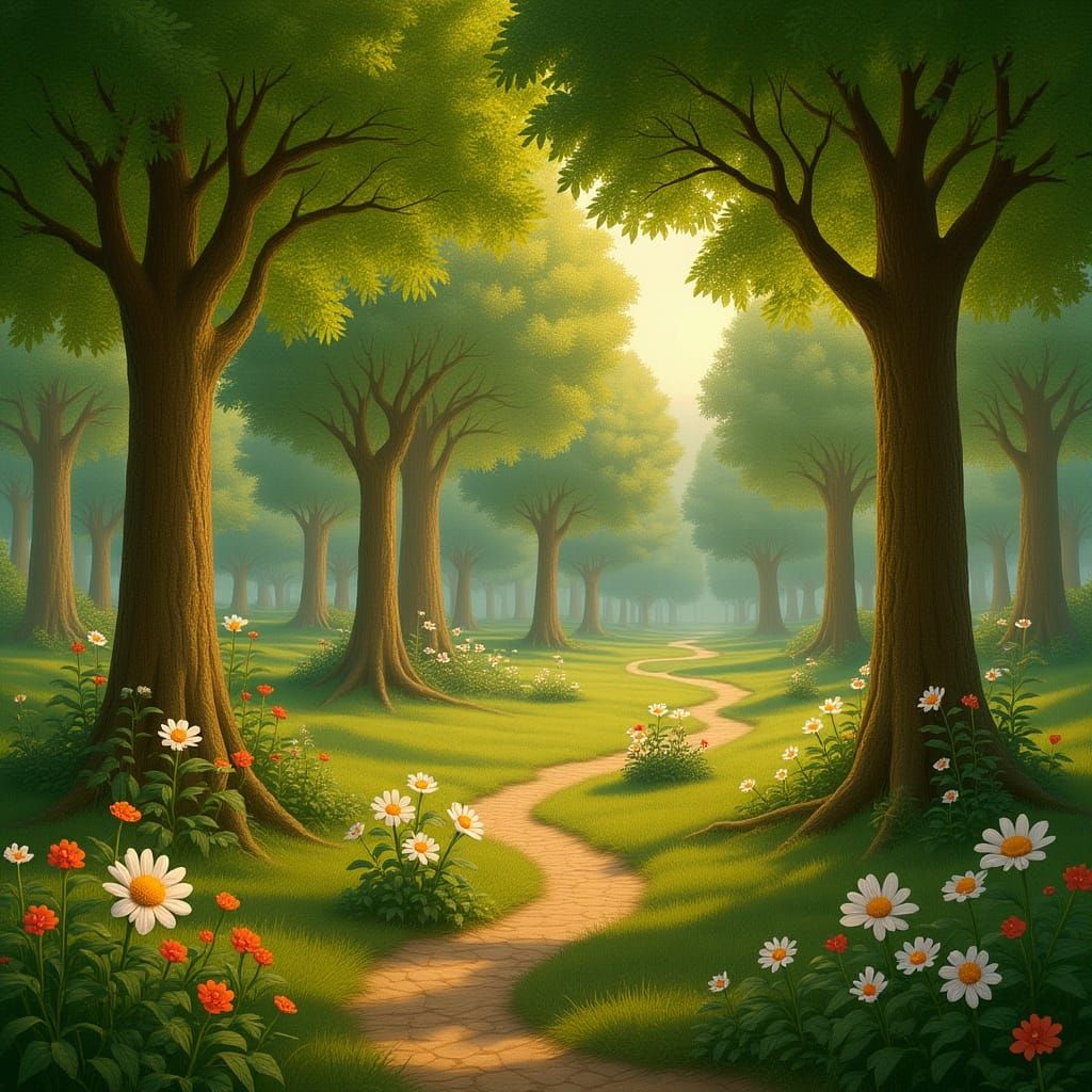 Serene Glade with Lush Trees in Whimsical Style