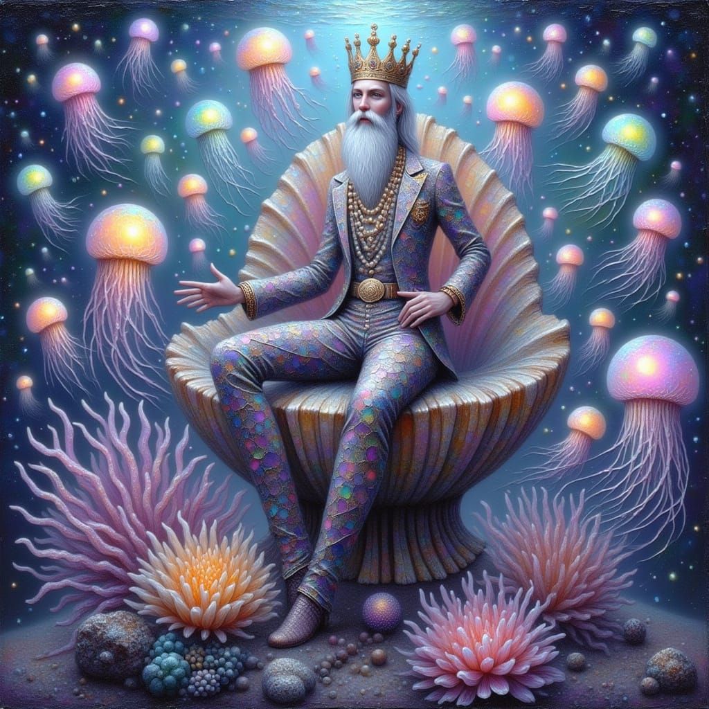 Whimsical Jellyfish King on Coral Throne