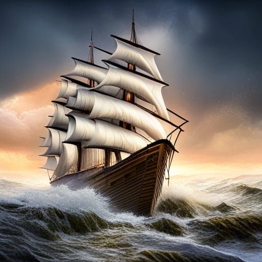 Three-Masted Ship Navigating Rough Seas in 8K