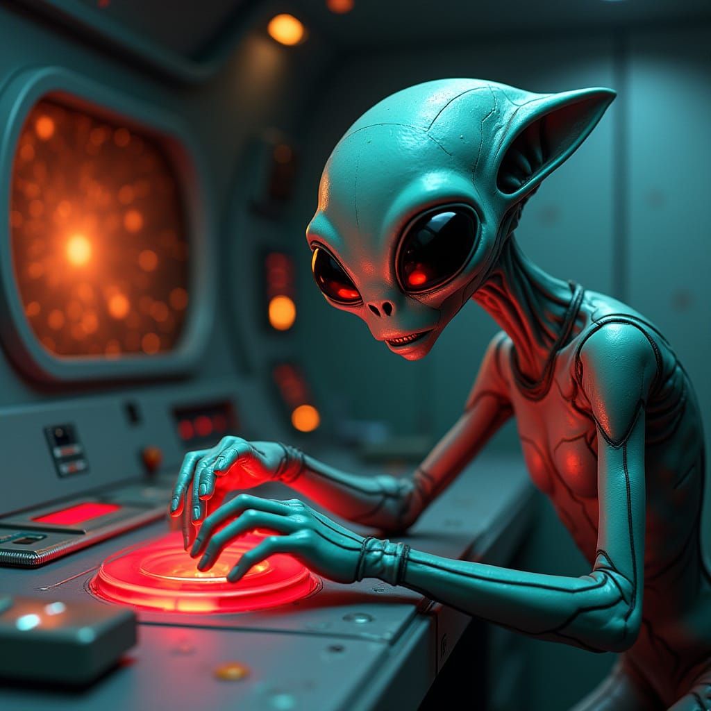 Stressed Alien Slams Danger Button in Futuristic Spaceship C...