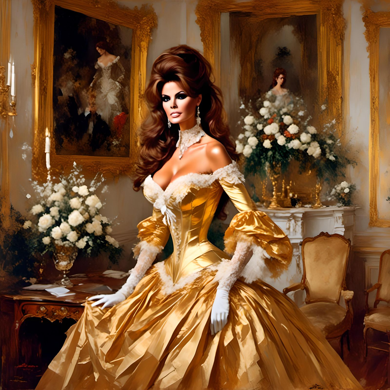 Raquel Welch in Lavish Victorian Gold Dress