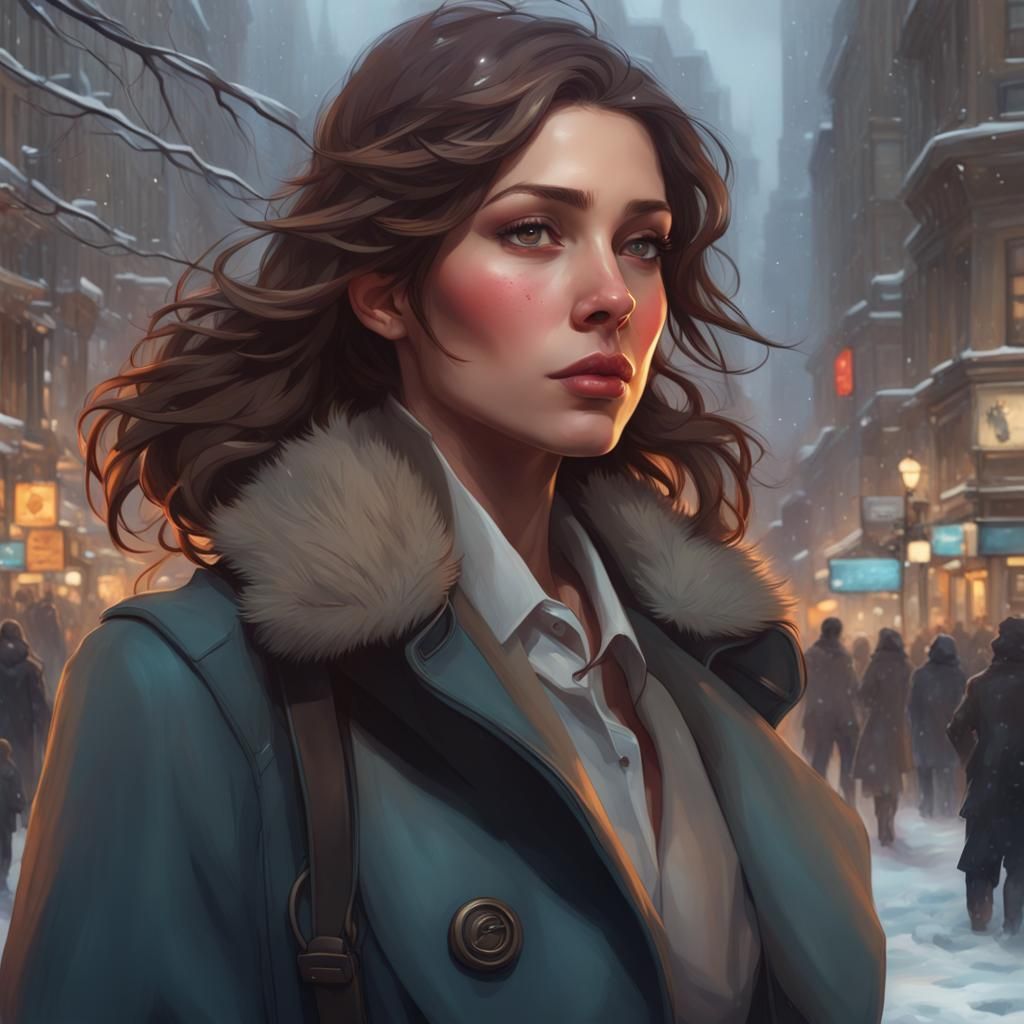 Girl Detective in Winter City, Hyperdetailed Portrait