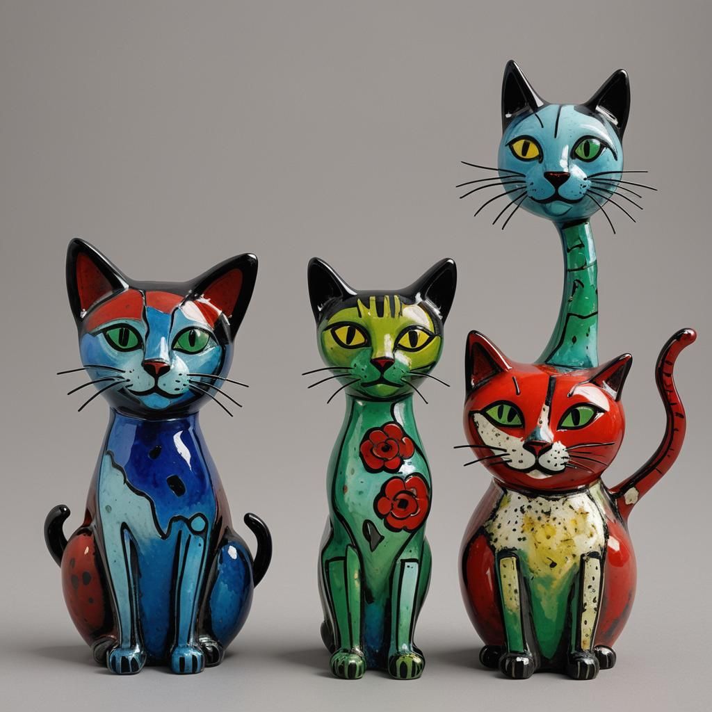 Abstract Cat Figurines in Enameled Glass