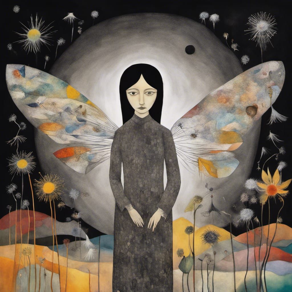 Foxes and Fairies in Dandelion Dreamscape, Surreal Art