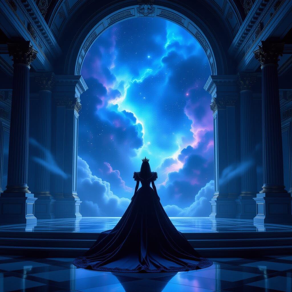 Queen in Futuristic Throne Room with Cosmic Views