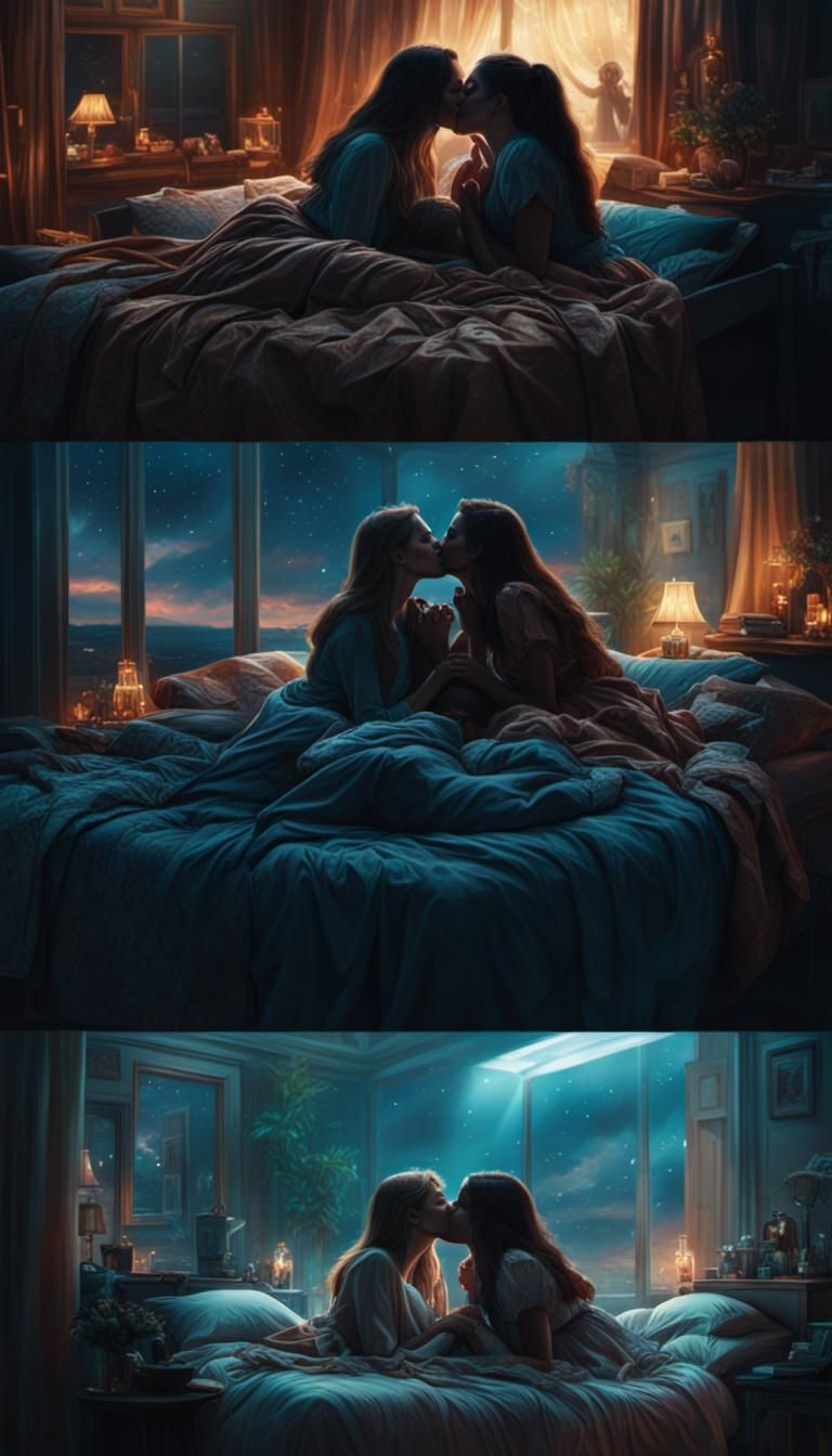 Girls Kissing at Sleepover: Cinematic Digital Painting
