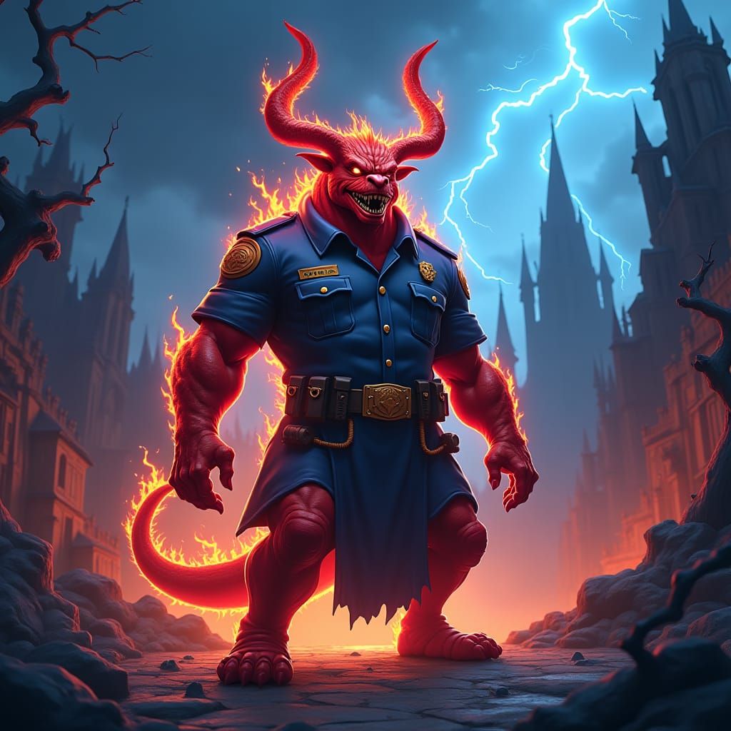 Balrog in Police Uniform: Heroic Cartoon Portrait