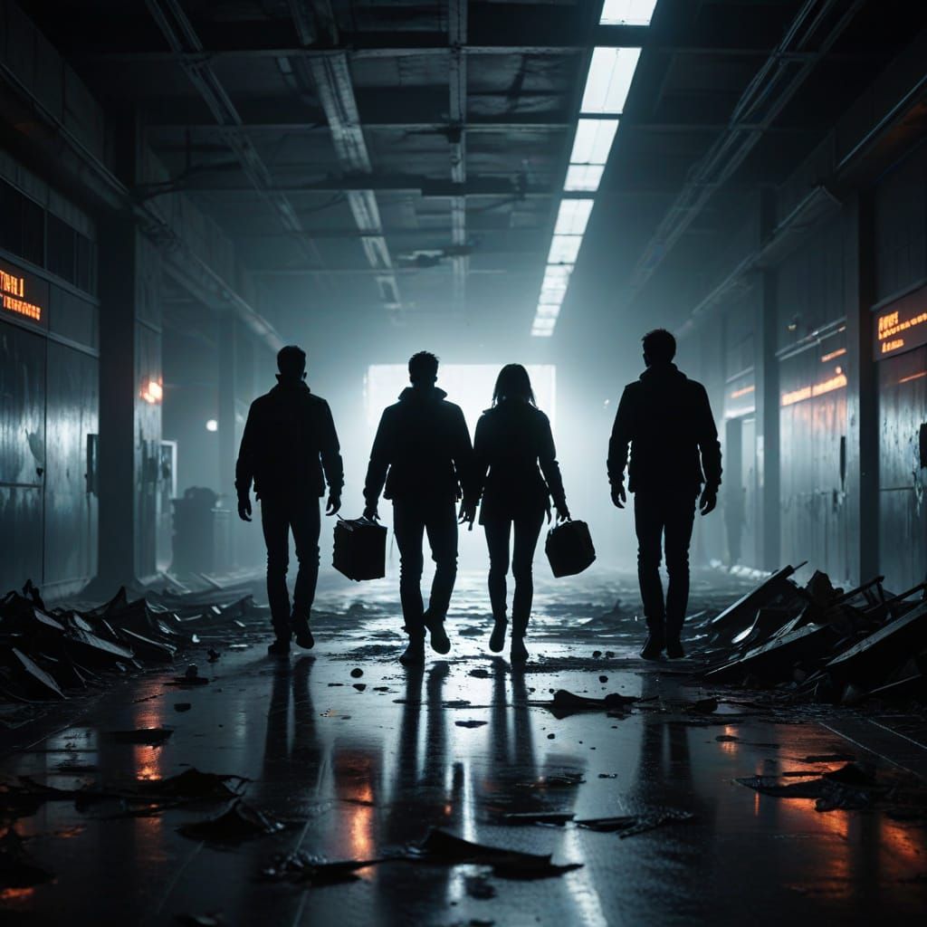 Travelers in Ruined Airport: Cinematic Digital Art