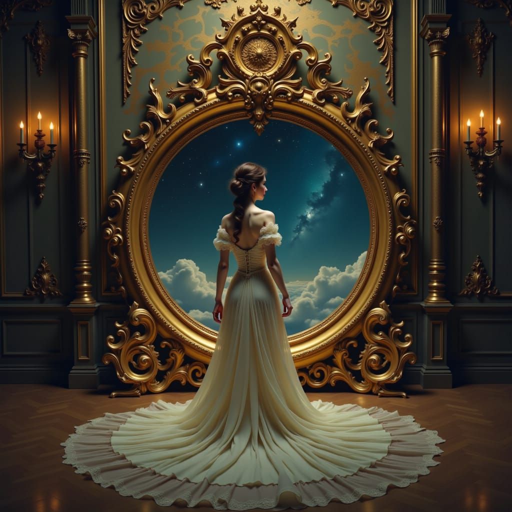 Romantic Era Woman Enters Golden Portal to Alien Sky