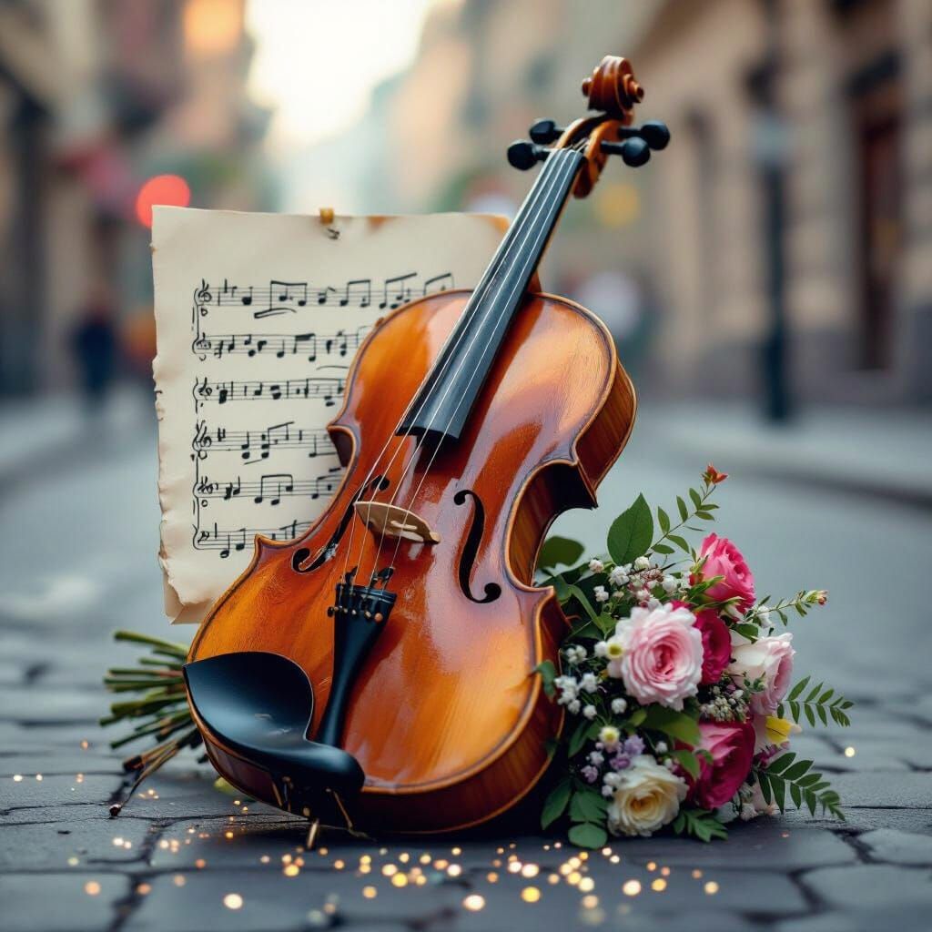 Photorealistic Violin with Music Score and Flowers