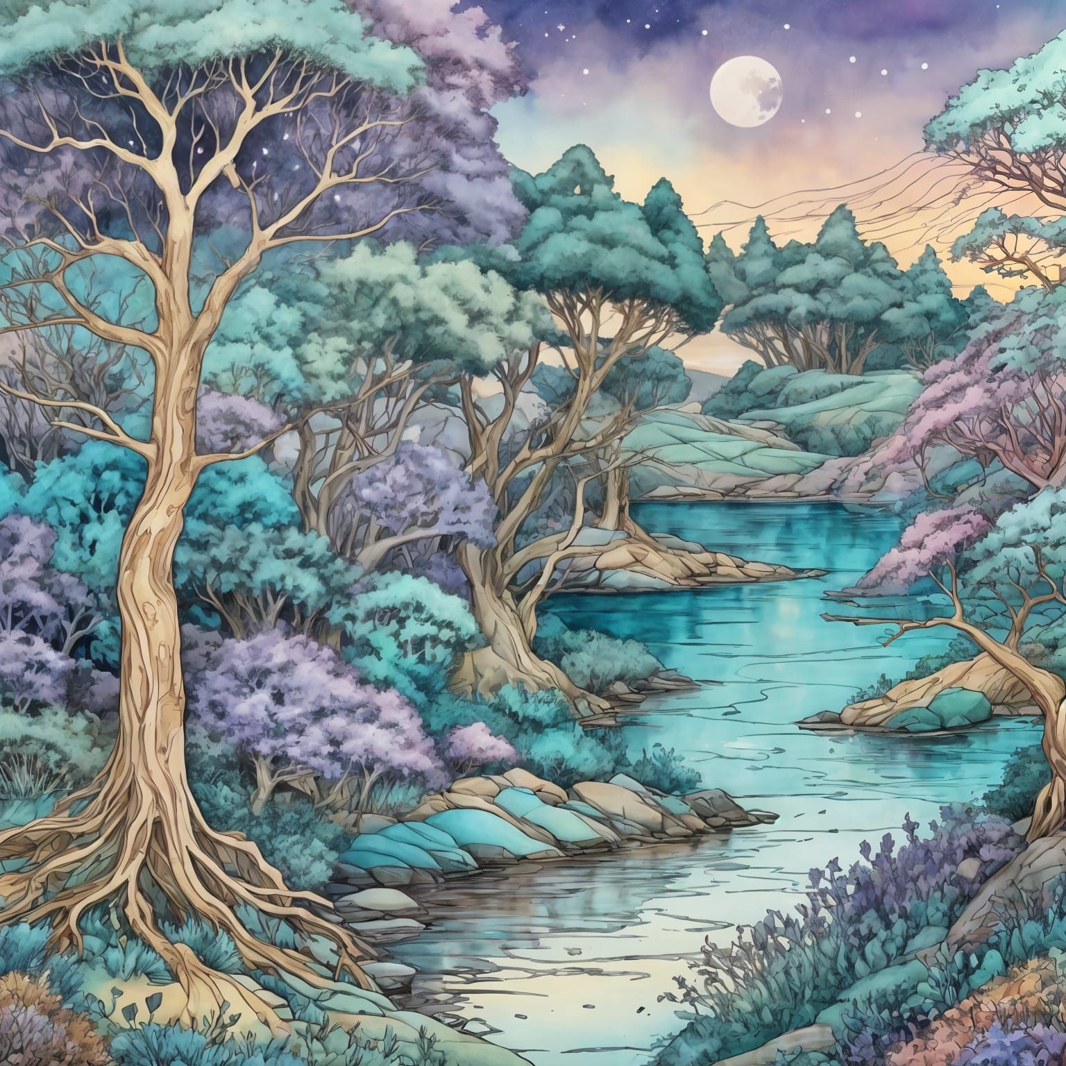 Watercolor Fantasy Landscape with Spiraling Trees