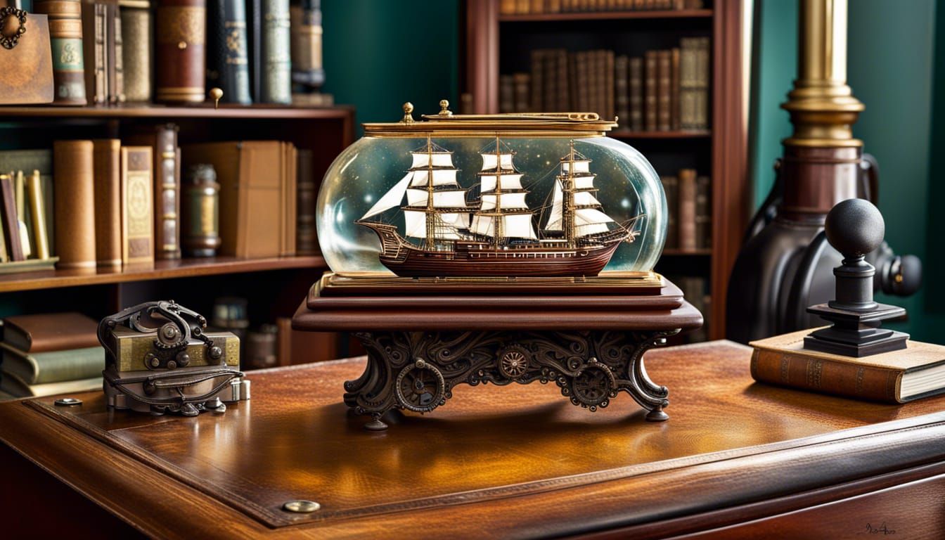 Steampunk Ship in a Bottle on Victorian Desk