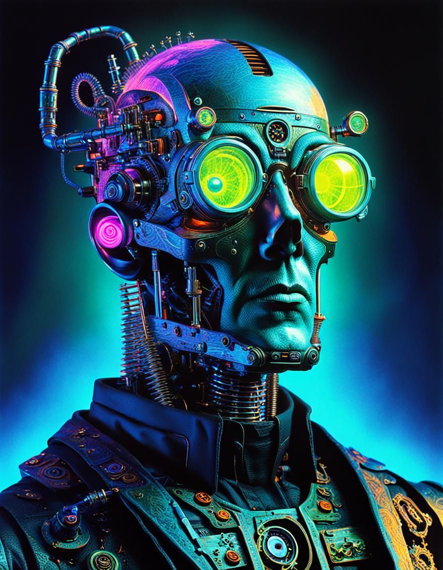 Cybernetic Steampunk Man in Black Light