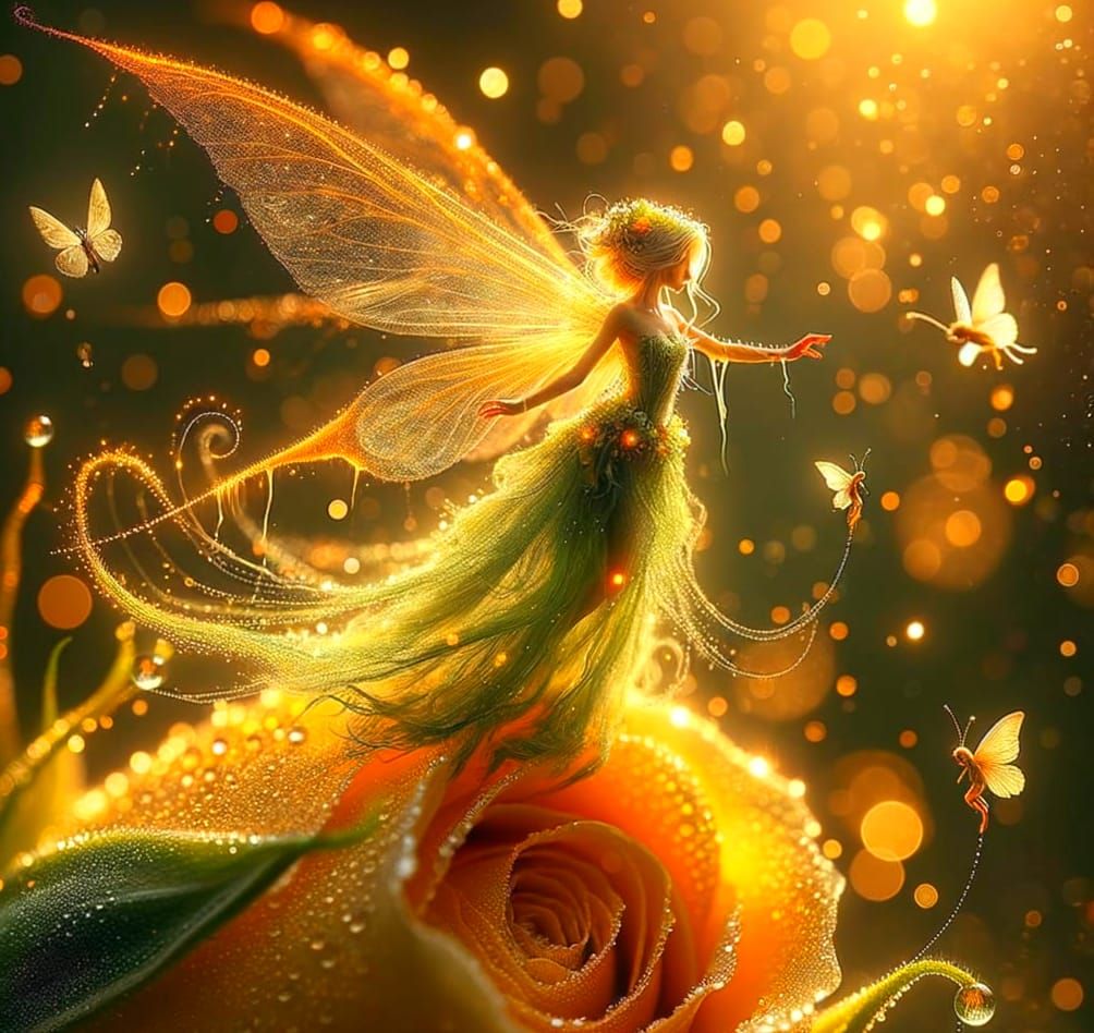 Amber Fairy Landing on Rosebud Macro Photograph