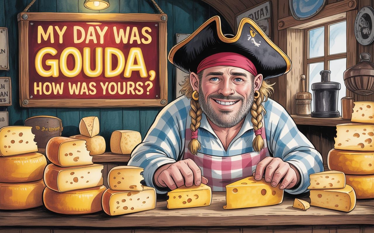 Pirate Cheese Merchant in Comic Watercolor Style
