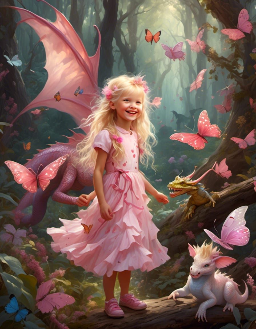Girl with Dragon in Enchanted Forest