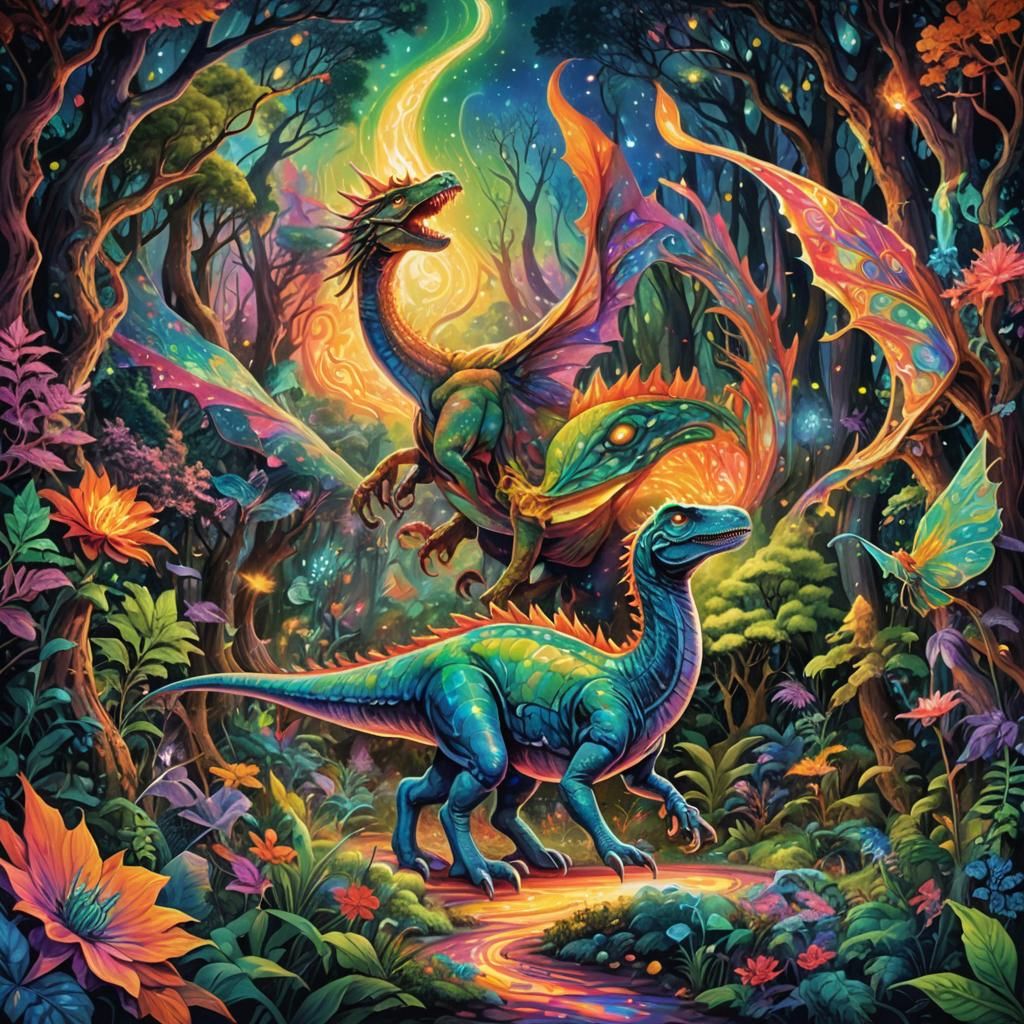 Fairy, Hobbit, and Dinosaur in Psychedelic Forest