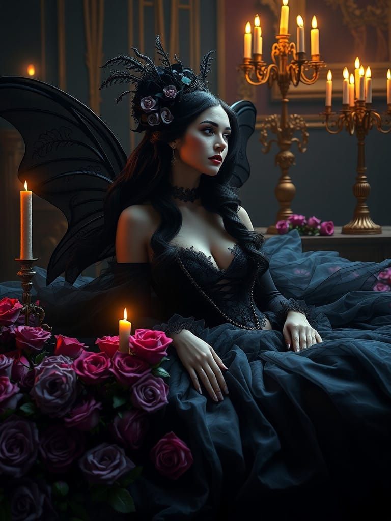 Ethereal Victorian Fairy Woman in Lavish Purple Rose Bouquet...