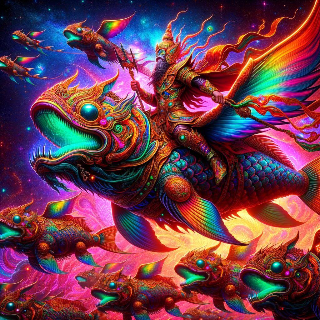 Vibrant Neon Warriors Soar Through the Cosmos in Ancient War...