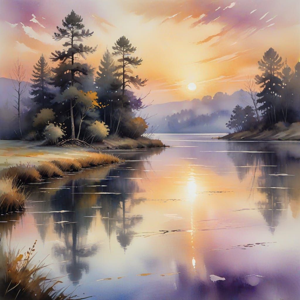 Golden Haze of Dusk: Romantic Watercolor Landscape