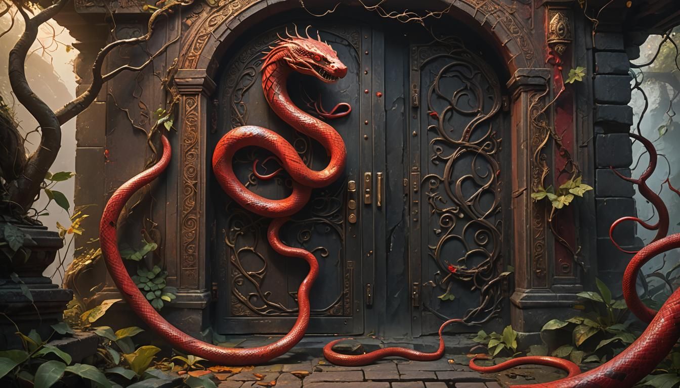 Crimson Snake Guardian at Ghost Temple Door
