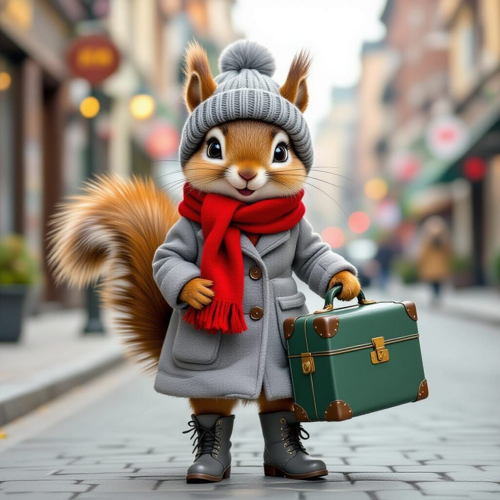 Whimsical Squirrel in City Street Scene as Watercolor