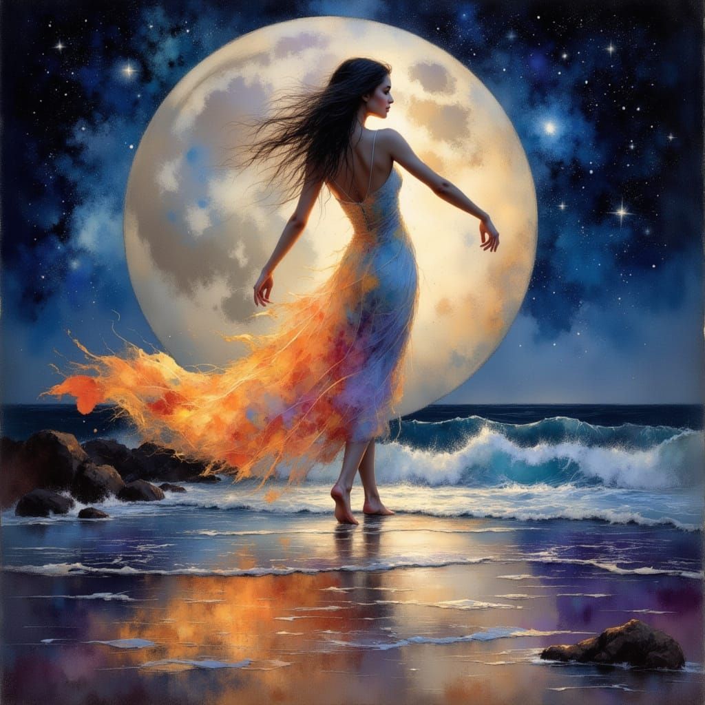 Barefoot Woman Dancing Under Cosmic Moon