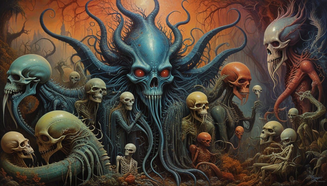 Surreal Fantasy Painting of Fallen Angels and Cryptid Creatu...