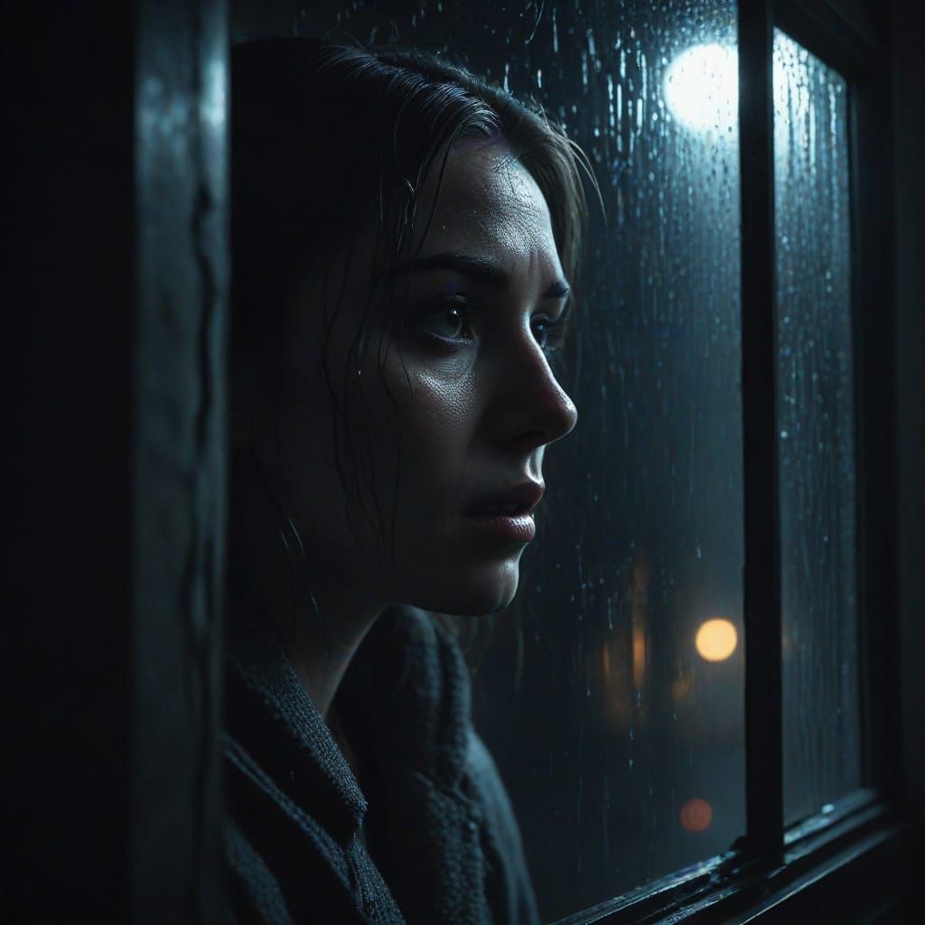 Film Noir Figure Peers Through Cracked Window in Rainy Night...