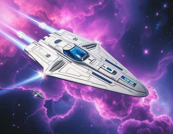 White Starship Glides Through Prismatic Nebula