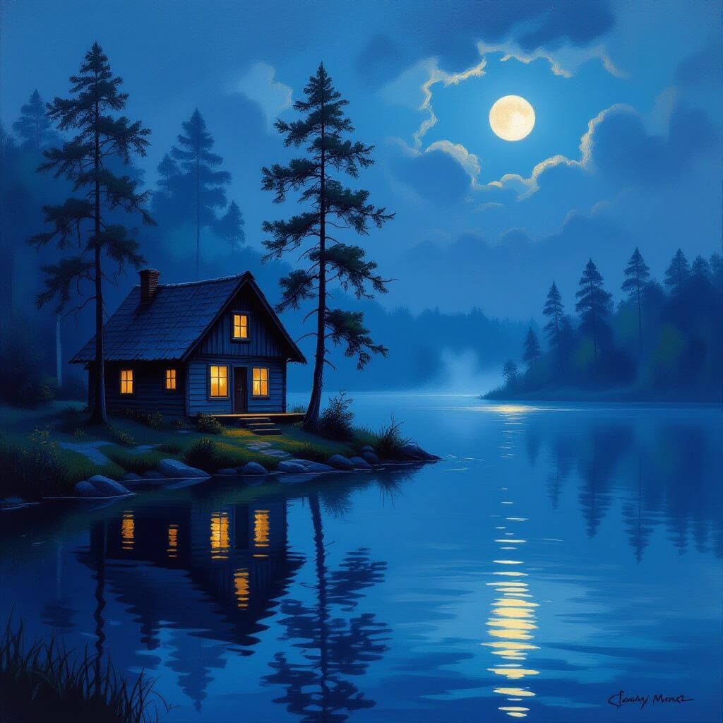 Weathered Cabin by Moonlit Lake in Impressionist Style