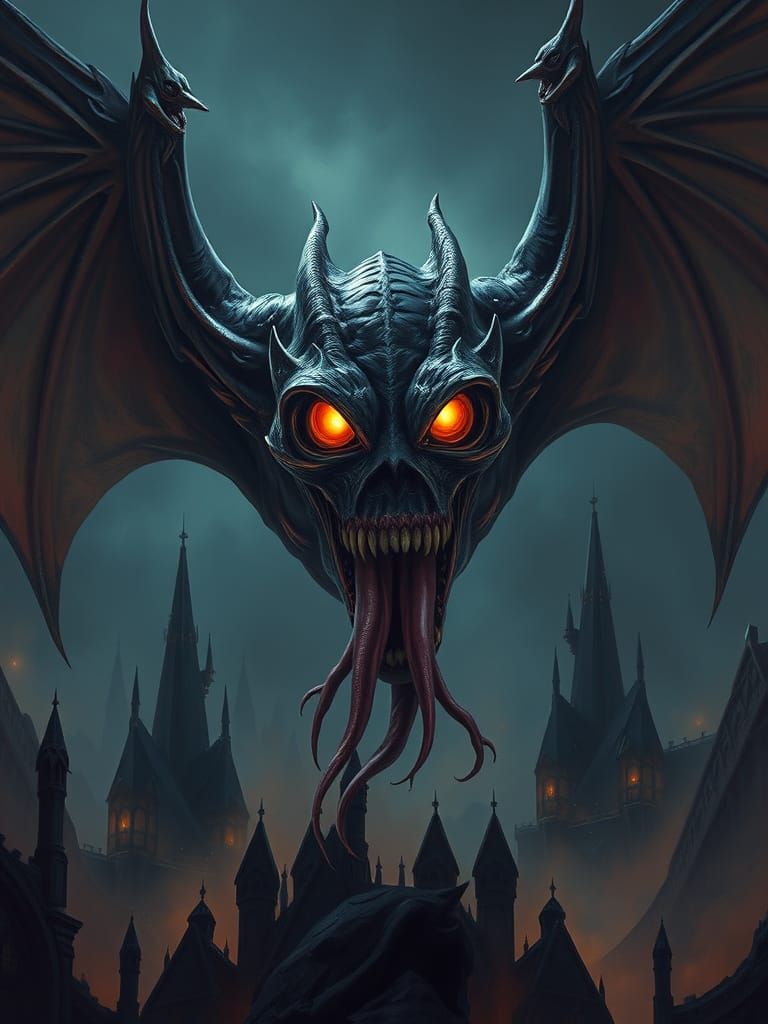 Create a detailed oil painting in a dark fantasy style featuring a creature with bat wings and a human face. The creatur...