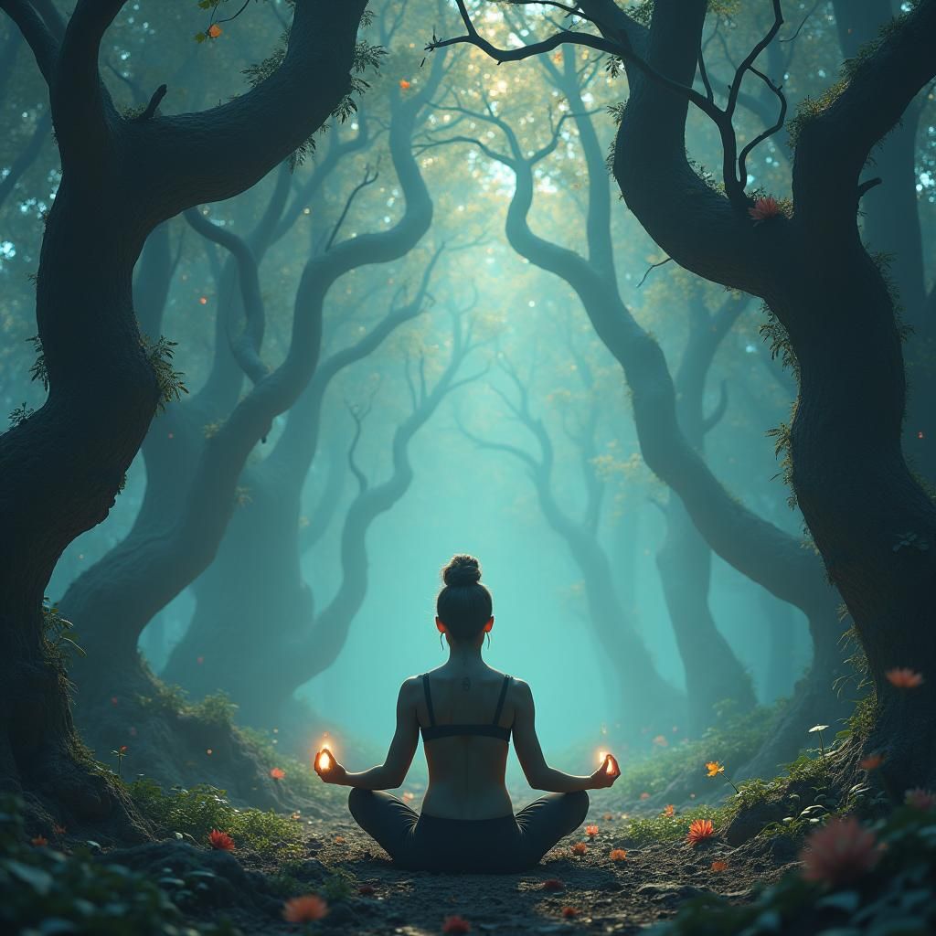 Contemplative Yogi in Cat-Cow Pose with Mystical Trees