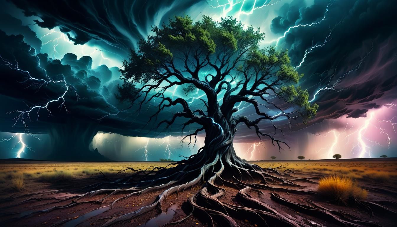 Surreal Storm: A Tree's Resilience in Expressionist Style