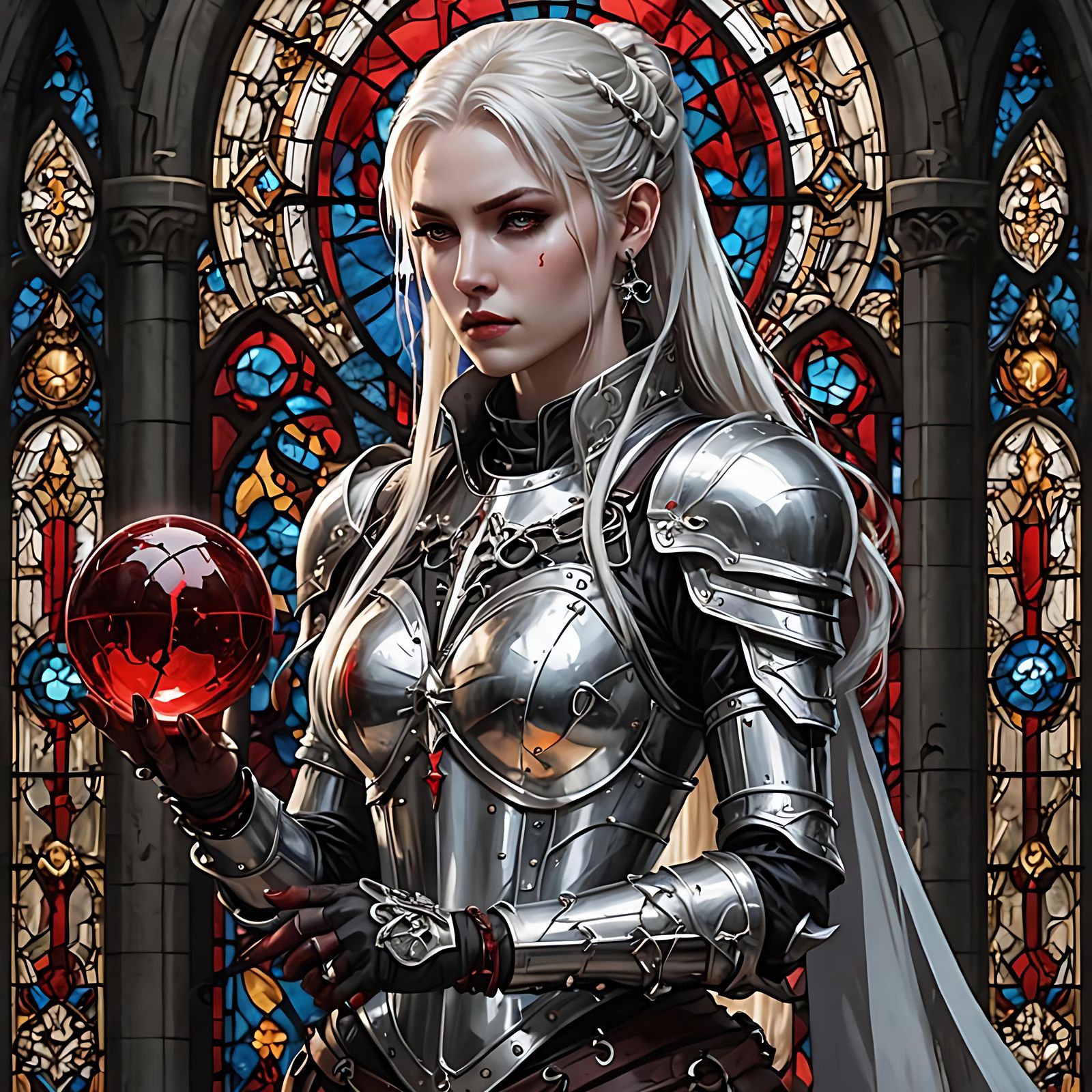 Beautiful Dhampir Blood Cleric in Silver Armor