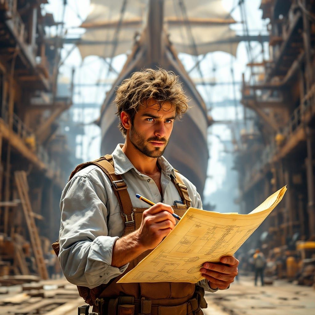 Visionary Naval Engineer Sketches Shipyard Blueprint