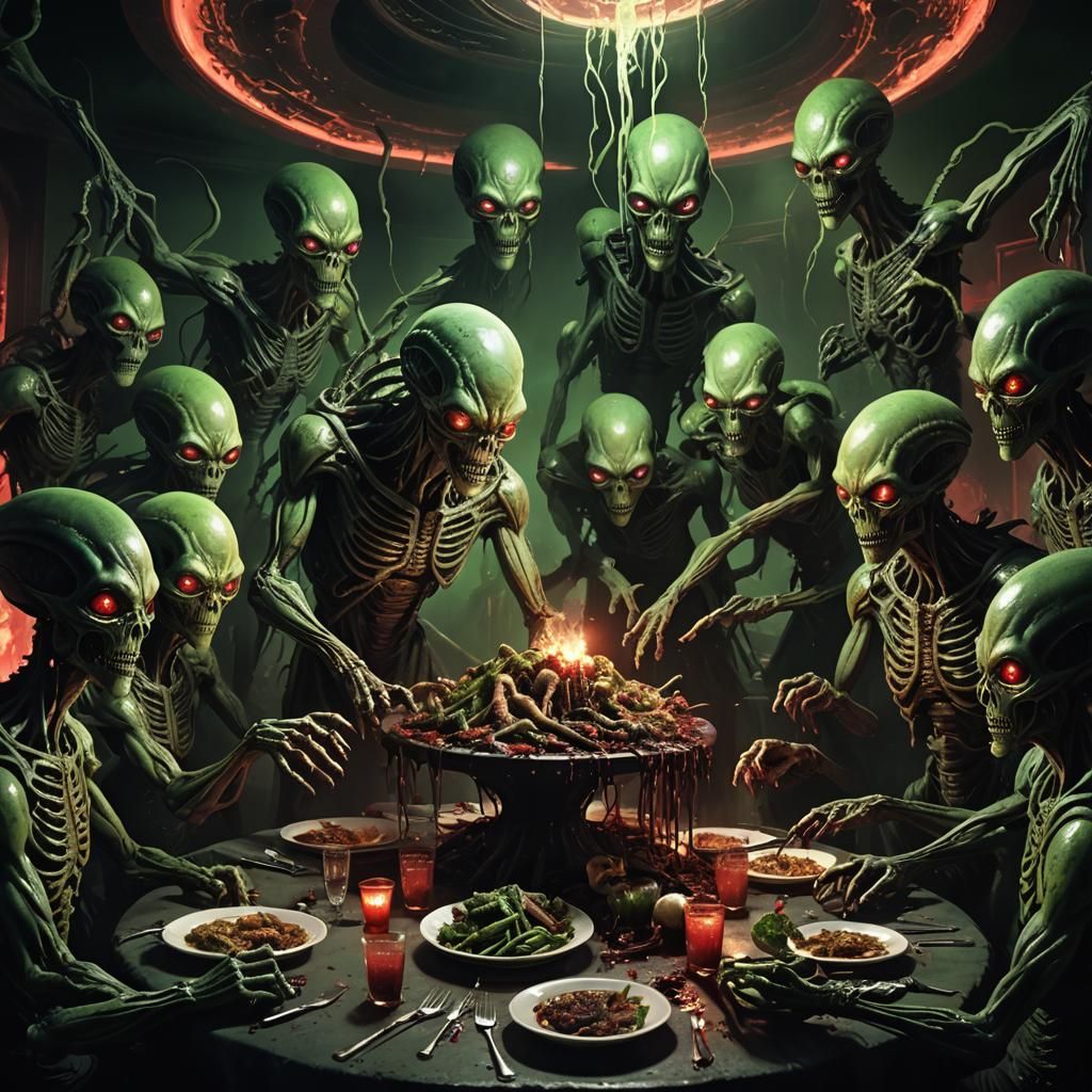 Eerie Alien Feast in Dark Surrealism Style