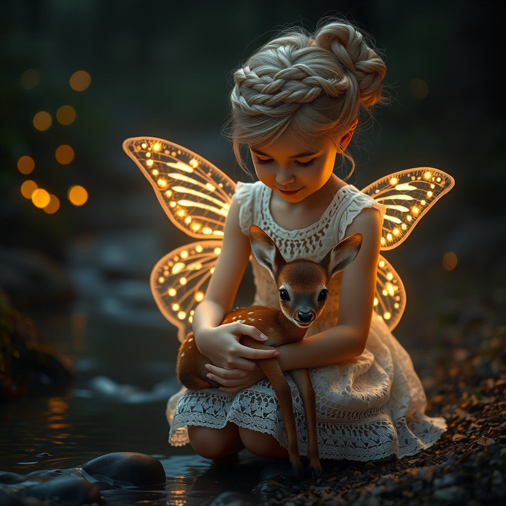 Enchanting Woodland Scene with Girl, Deer, and Fairy Lights