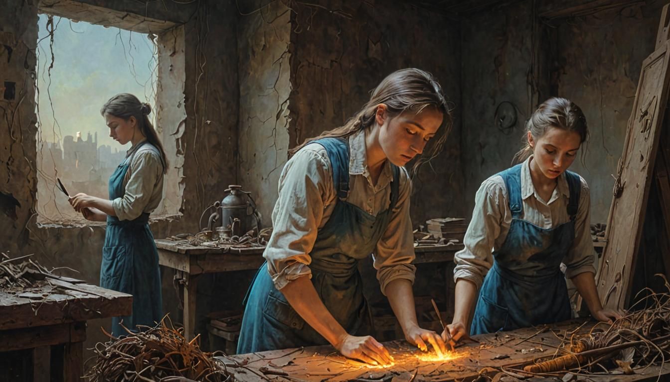 Women at Work in Dystopian Surrealism Style