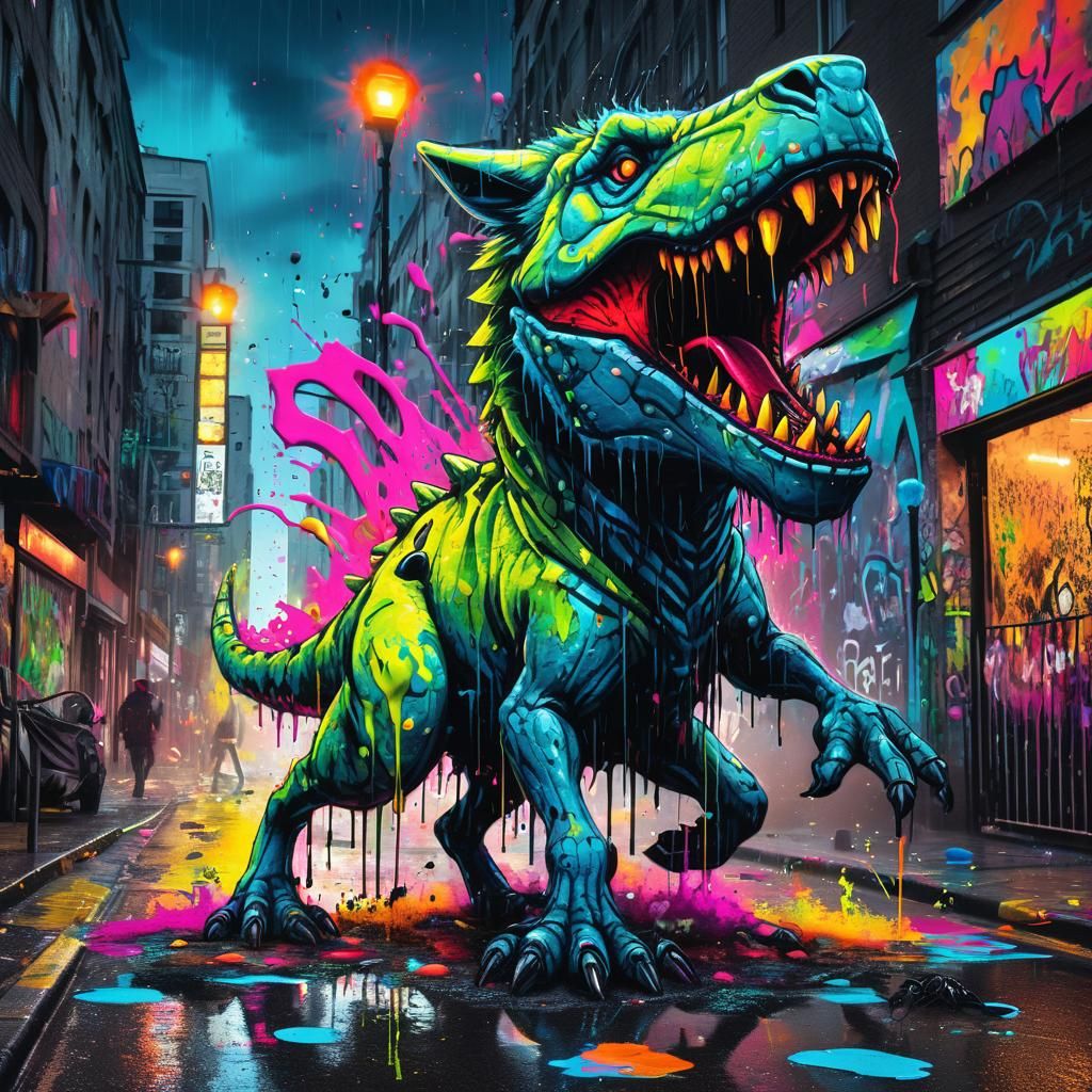 Wolf Riding Dinosaur in Graffiti Art