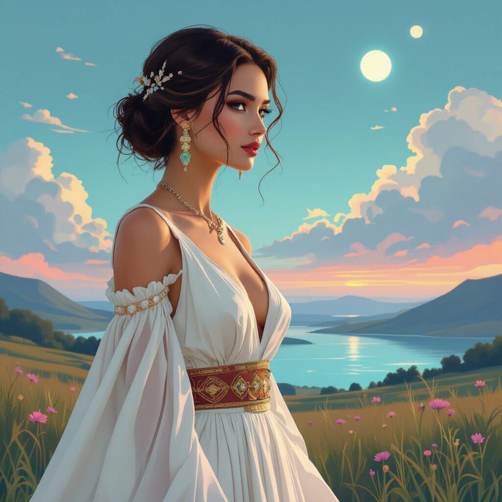 Elegant Woman in Serene Landscape, Whimsical Art Style