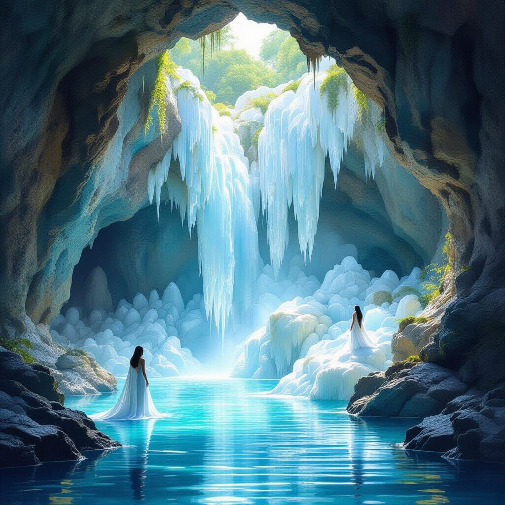 Ethereal Grotto Waterfall with Crystalline Structures