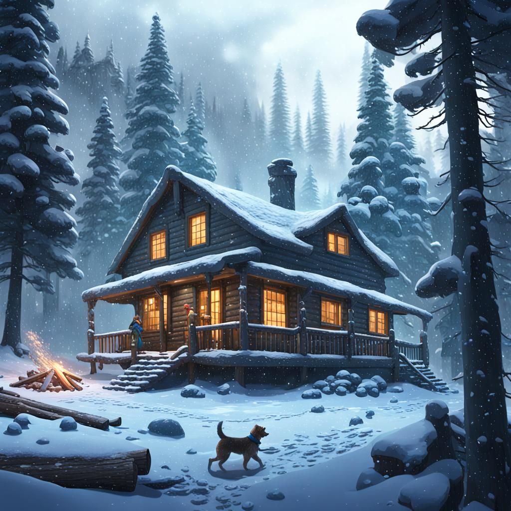 Winter Cabin Scene in Detailed Matte Painting Style